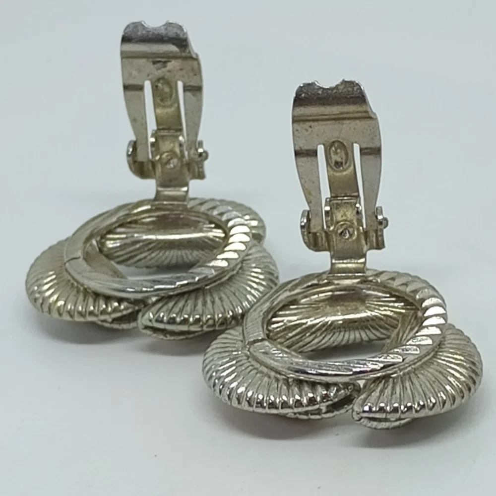 * vintage textured silver tone & rhinestones clip on earrings